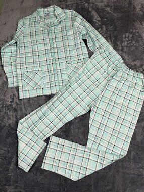 Global Womens Mint Plaid Cotton Pajama Set L Button-Up Top & Elastic Waist Pants